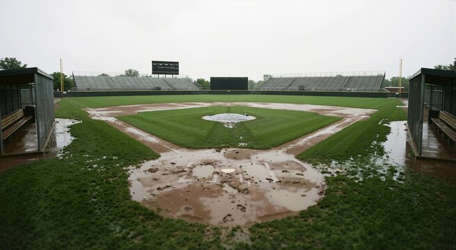 Flooded home plate on an empty baseball field after a rainstorm. Muddy dirt and wet grass with dugouts and scoreboard in background