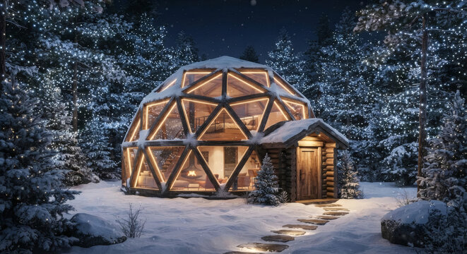 Glowing wooden geodesic dome in snowy winter forest