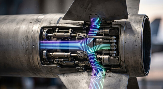 Photorealistic close up of drone missile internal mechanisms with glowing neon linear guidance flows