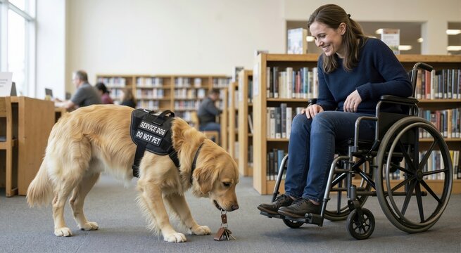 Golden Retriever service dog picking up keys from the floor for a woman in a wheelchair. Trained assistance animal helping disabled owner in a library