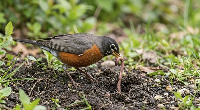 American Robin pulling a large earthworm from dark soil. Wild bird feeding on the ground in a green grassy garden