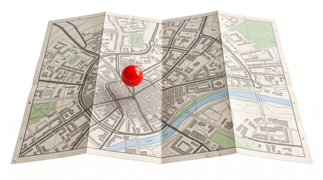 Ultra-realistic folded paper city map with a bright red circular location pin placed on top, detailed map lines and subtle geographic markings without readable place names