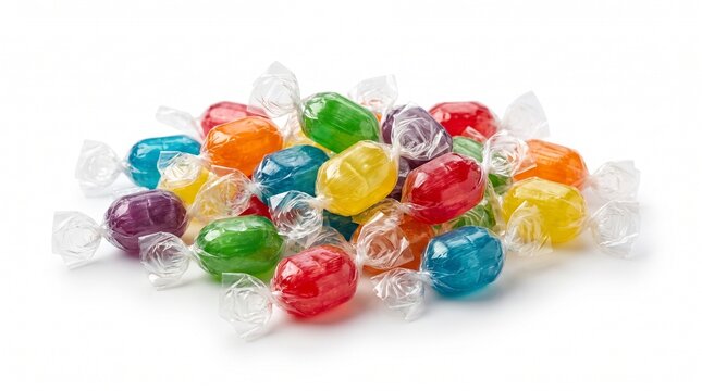 Colorful hard candy wrapped in clear cellophane plastic, hard boiled sweets pile isolated on white background, sweet dessert confectionery stock photo