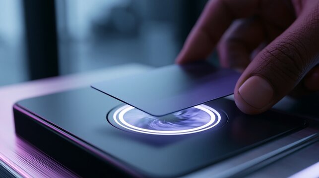 Close up of hand holding contactless payment card over glowing NFC sensor terminal for wireless transaction and access authorization