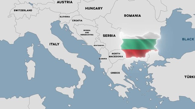 4K animation of a map of the Balkan region with Bulgaria highlighted in the colors of the Bulgarian national flag.