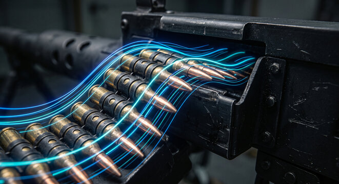 Photorealistic macro of heavy machine gun ammunition belt with neon linear logistics streams