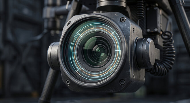 Photorealistic close up of a military drone camera payload with neon linear optical targeting rings