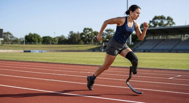 Woman amputee sprinting on an athletic track with a carbon fiber running blade. Female runner training for paralympic sports on a sunny day
