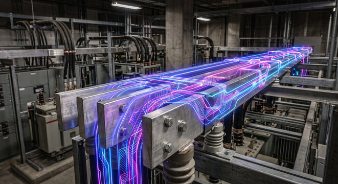 Photorealistic close up of heavy substation busbars with glowing neon linear current routing