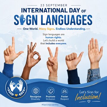 International day of sign languages poster design featuring diverse hands making signs and inclusion symbols sign language icon set