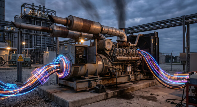Photorealistic shot of an industrial backup diesel generator with glowing neon linear power streams