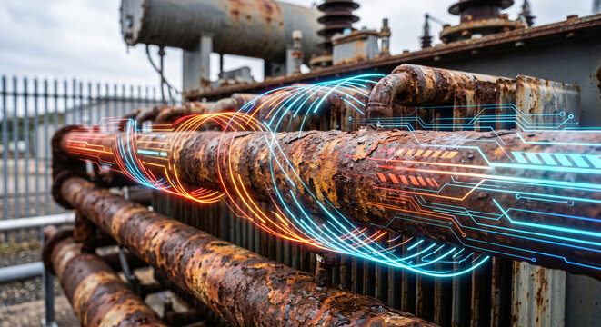Photorealistic close up of rusted transformer cooling pipes with glowing neon linear thermal data flows