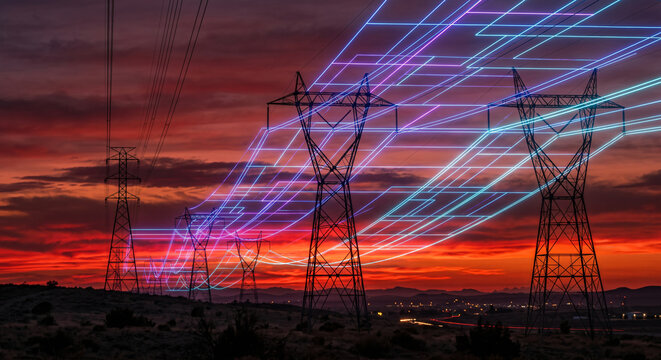 Photorealistic wide shot of high-voltage transmission pylons at sunset with neon linear energy grid