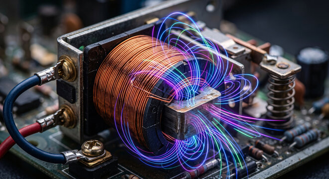 Photorealistic macro of an electrical relay coil with glowing neon linear electromagnetic induction