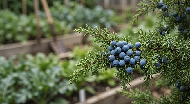Close up of ripe blue juniper berries on an evergreen branch. Conifer needles and berries in a backyard garden setting. Botanical detail for gin flavoring