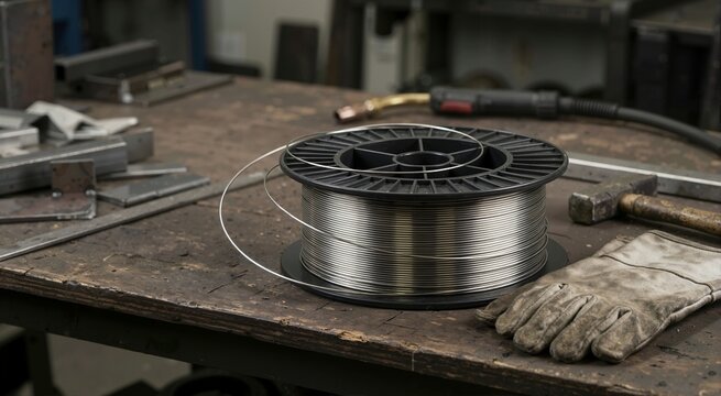 Spool of stainless steel welding wire on a workshop workbench. Coiled metal rod with welding glove and tools