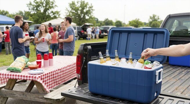 Hand grabbing a cold beer from a blue ice cooler on a pickup truck tailgate. Group of friends enjoying an outdoor tailgate party
