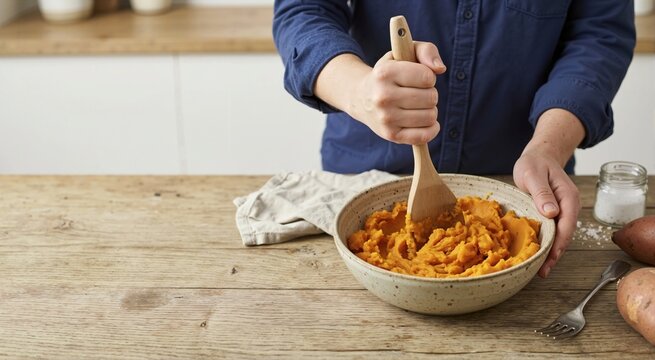 Person mashing sweet potato puree with a wooden spoon in a bowl. Healthy food preparation in a rustic kitchen. Homemade vegetable mash