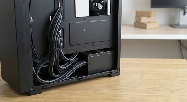 Neat cable management of black sleeved modular power supply cables inside a computer case. Custom PC building and hardware setup