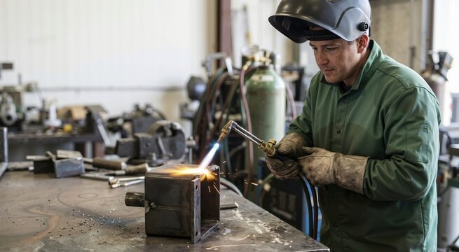 Welder using a gas torch on a metal workpiece in a shop. Industrial metal fabrication with sparks and flame