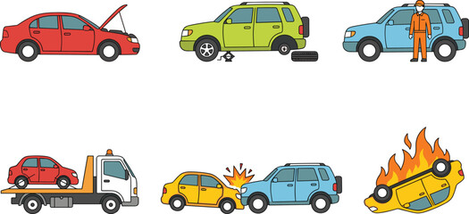 Naklejka premium Car accident and roadside assistance vector icon set featuring breakdown flat tire auto crash towing truck and burning vehicle symbols for auto insurance designs