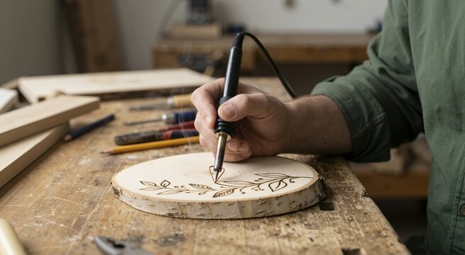 Close up of hand using pyrography tool for wood burning art. Creating floral design on wooden slice with hot wire tip