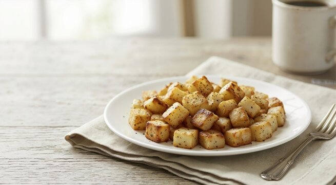 Plate of golden brown cubed hash brown potatoes seasoned with pepper. Homemade breakfast side dish on a wooden table