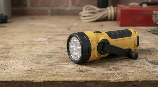 Yellow emergency hand crank LED flashlight on a dusty wooden workbench. Manual dynamo torch for survival and power outages. Emergency preparedness equipment