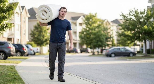 Man carrying a rolled foam mattress on his shoulder. Male walking on a residential sidewalk during moving day
