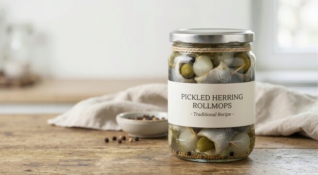 Glass jar of pickled herring rollmops on a rustic wooden table. Traditional recipe preserved seafood with onions and spices. Homemade kitchen setting