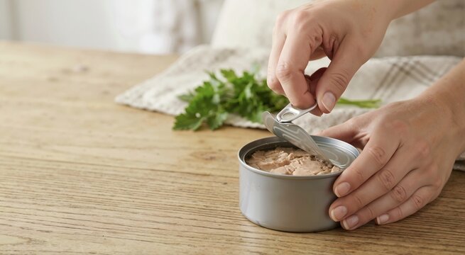 Hands opening a tin can of tuna with a ring pull tab. Canned seafood on a wooden kitchen table. Food preparation and cooking ingredients