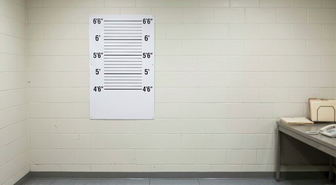 Empty police station mugshot background on white cinder block wall. Height chart for criminal booking and identification. Copy space for text