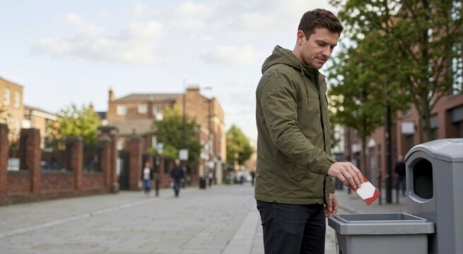 Man throwing a pack of cigarettes into a public trash bin. Male person quitting smoking on a city street. Healthy lifestyle choice and addiction resolution