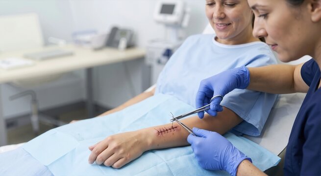 Medical professional removing sutures from a patient arm incision in a clinic. Smiling woman recovering after surgery. Healthcare procedure