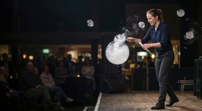 Bubble artist making a large smoke-filled bubble on stage. Female performer entertaining an audience with a magic show