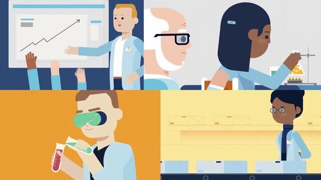 Diverse team of professional scientists working inside a modern laboratory performing experiments and data analysis in this flat motion video