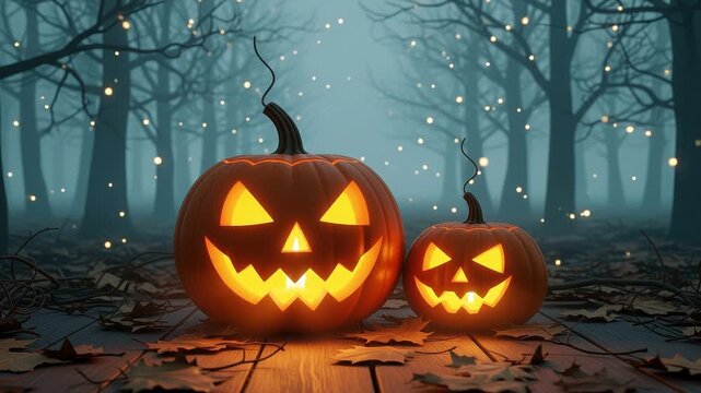 A seamless pattern two glowing jackolanterns in a misty haunted forest