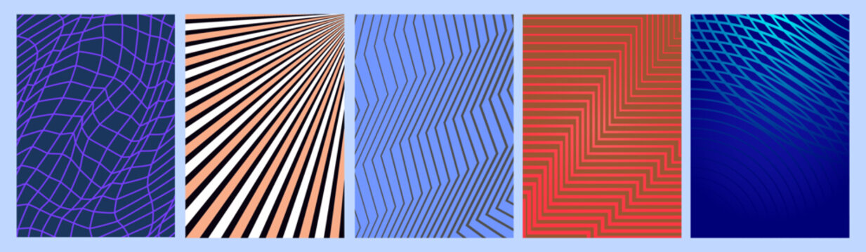 Abstract geometric texture set. Vector mesh grid, radial burst, zigzag and crosshatch line patterns in purple, orange, blue and red for modern graphic design.