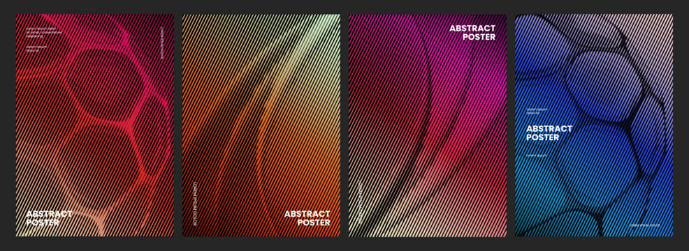 Abstract line gradient poster templates set. Vector diagonal stripe and hexagon honeycomb overlay patterns in red, orange, magenta and blue for modern editorial design.