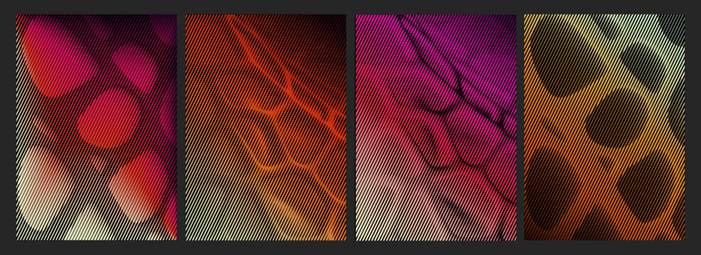 Abstract gradient texture set. Vector diagonal line patterns with circular blob and organic shadow shapes in pink, orange, magenta and purple for modern graphic design.
