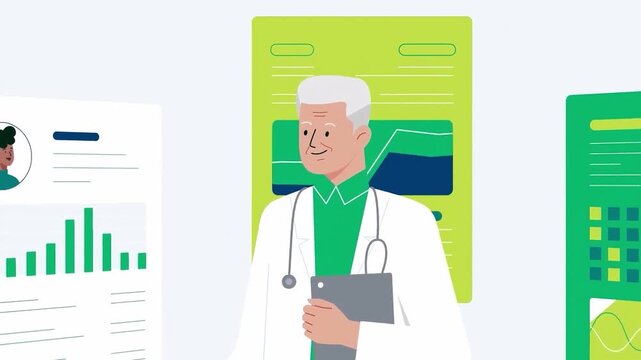 Senior doctor pointing at digital medical charts in an animated motion video displaying healthcare data analytics for professional clinical diagnostics