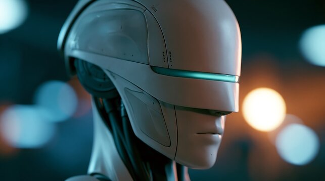 Profile view of futuristic sleek white cyborg humanoid robot with glowing visor eye representing advanced artificial intelligence cybernetics