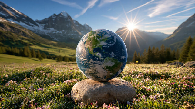Planet Earth against the backdrop of a pastoral landscape of alpine meadows. Ecology, planetology and environmental concept. Landscape view for living nature background 