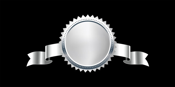 Silver medal with horizontal ribbon. 3d silver award badge isolated on black. Design element for labels, certificates, prizes, winners, discounts, diplomas. Realistic vector illustration.