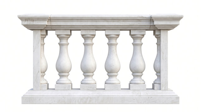 Highly realistic decorative white balustrade section with multiple smooth classical columns and a detailed horizontal railing, subtle stone texture, symmetrical architectural construction