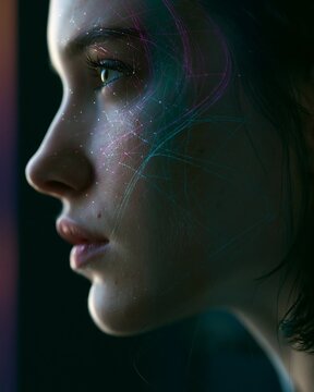 Side profile portrait of young woman with glowing digital neon lines projected on face representing artificial intelligence biometric scan and futuristic cyber identity.