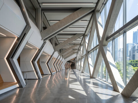 Modern interior corridor with steel structural beams and large glass windows inside a city skyscraper