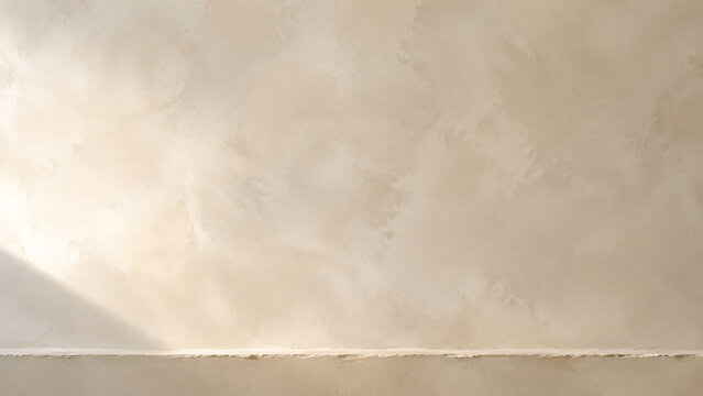 Empty beige textured wall surface with a rough plaster finish and a horizontal ledge in soft morning sunlight for product display backdrop