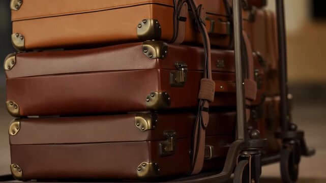 Stacked brown leather suitcases rest on a metal luggage cart as camera moves closer, revealing metal corner guards, buckled straps, latches, warm indoor light, and soft background blur