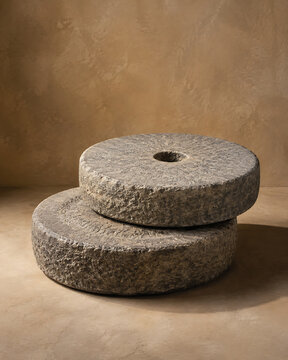 Two heavy circular stone millstones stacked on of each other on a textured brown surface against a matching rustic plaster wall backdrop